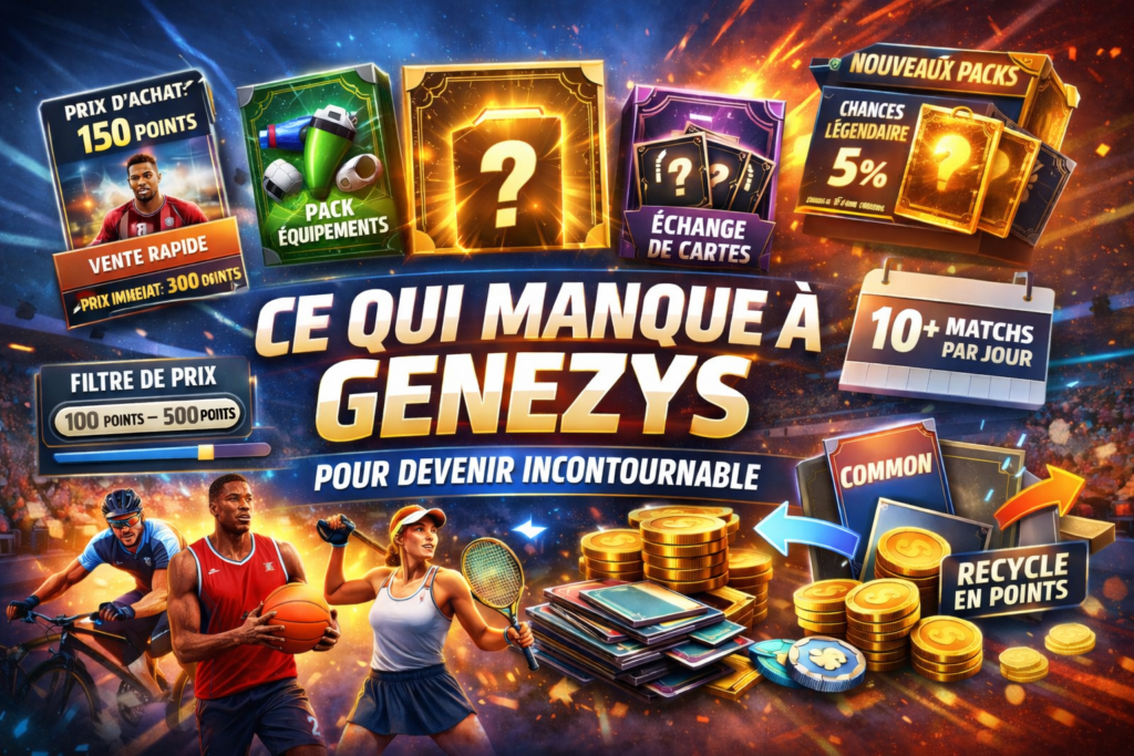 Illustration Genezys montrant les améliorations attendues : packs, marché avec prix en points, échanges de cartes, filtre de prix et recyclage des cartes communes en points