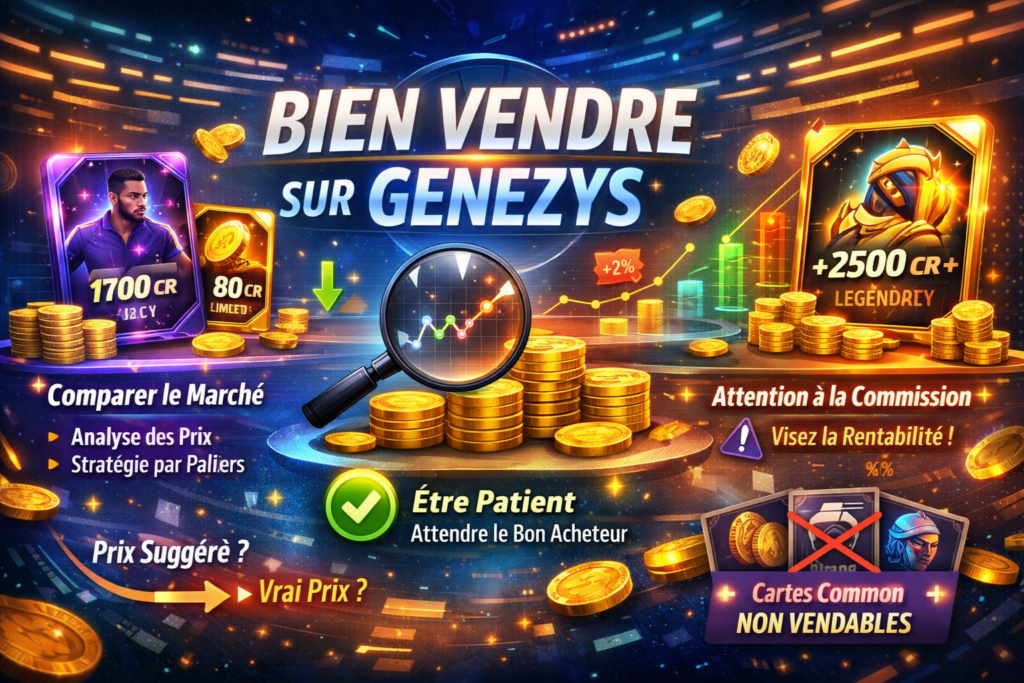 Infographie horizontale Genezys expliquant comment bien vendre ses cartes avec analyse du marché, stratégie de prix, commission et fourchettes de crédits.