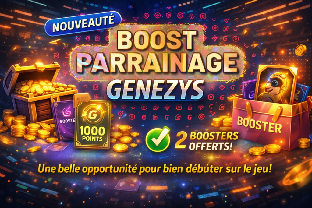 Visuel promotionnel Genezys boost parrainage avec 1000 points offerts et 2 boosters gratuits pour les nouveaux joueurs.