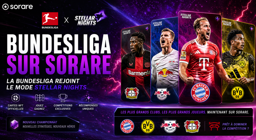 Visuel Bundesliga sur Sorare avec joueurs de football allemands et cartes fantasy illustrant le jeu Sorare