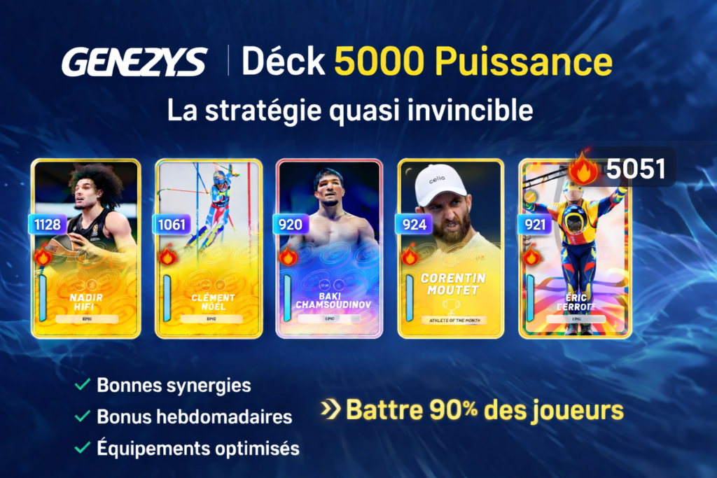 Deck Genezys 5000 puissance avec cartes Nadir Hifi, Clément Noël, Baki Chamsoudinov, Corentin Moutet et Éric Perrot atteignant plus de 5000 en score Arène grâce aux bonus