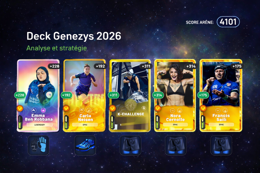 Deck Genezys 2026 avec cartes Emma Ben Robbana, Carla Neisen, Nora Cornolle, Francis Saili et K-Challenge, analyse stratégie score arène 4101