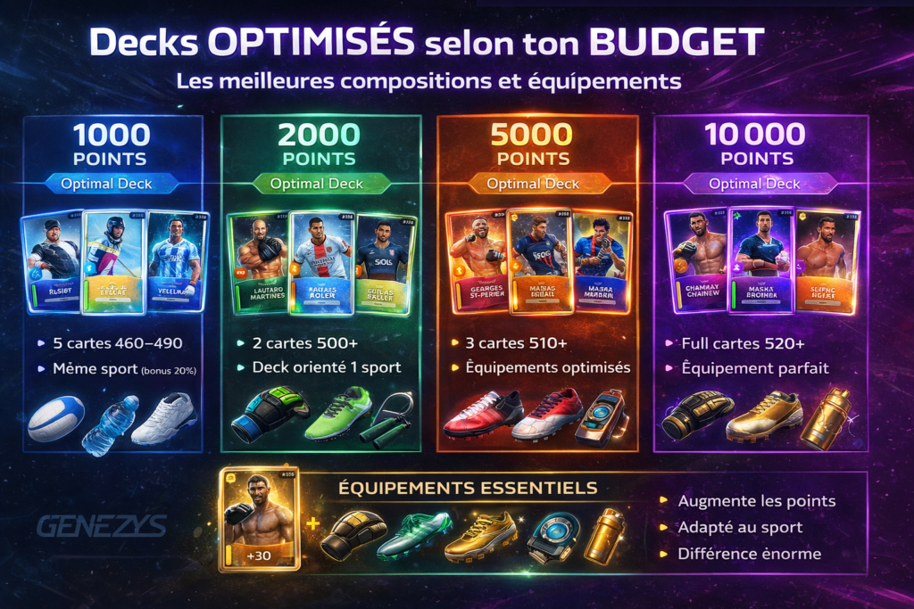 Deck Genezys optimisé selon budget avec exemples à 1000, 2000, 5000 et 10000 points incluant équipements, cartes d’athlètes et stratégies pour maximiser les performances
