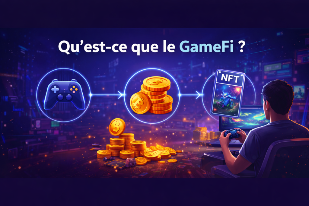 GameFi définition illustration jeu vidéo crypto NFT play to earn gagner argent explication simple