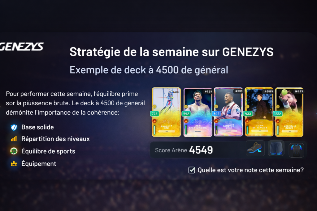 Stratégie Genezys semaine avec exemple de deck à 4500 de général montrant des cartes multisport et un score d’arène de 4549