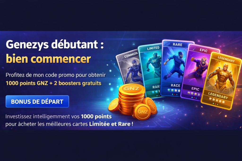 Guide Genezys débutant avec bonus 1000 points GNZ et 2 boosters gratuits, présentation des cartes common, limited, rare, epic et legendary