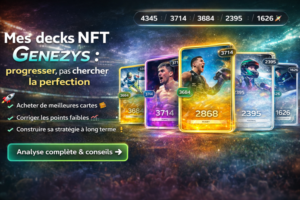 Mes decks NFT Genezys avec scores 4345, 3714, 3684, 2395 et 1626 et stratégie pour progresser sans chercher la perfection