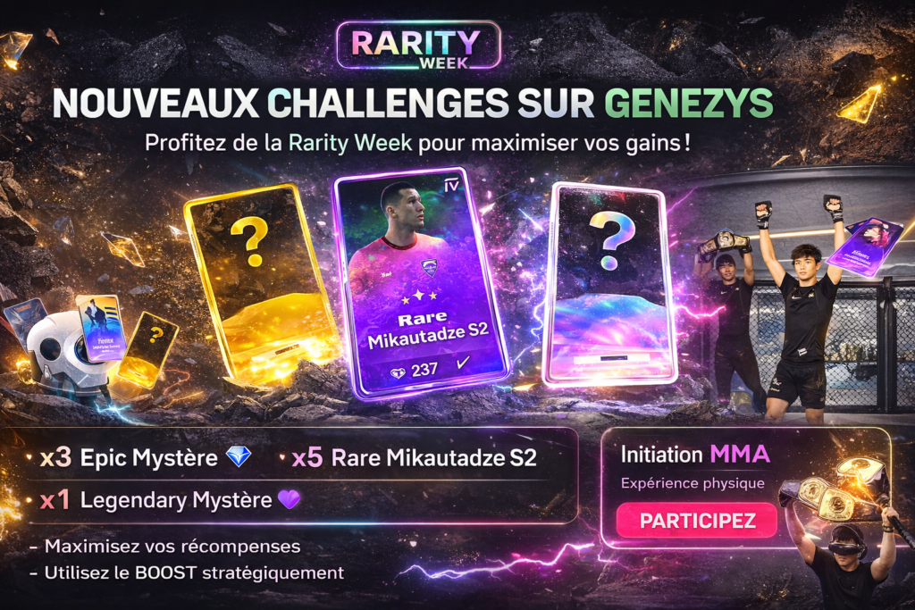 Nouveaux challenges Genezys Rarity Week avec cartes Epic, Rare et Legendary mystère et récompense initiation MMA