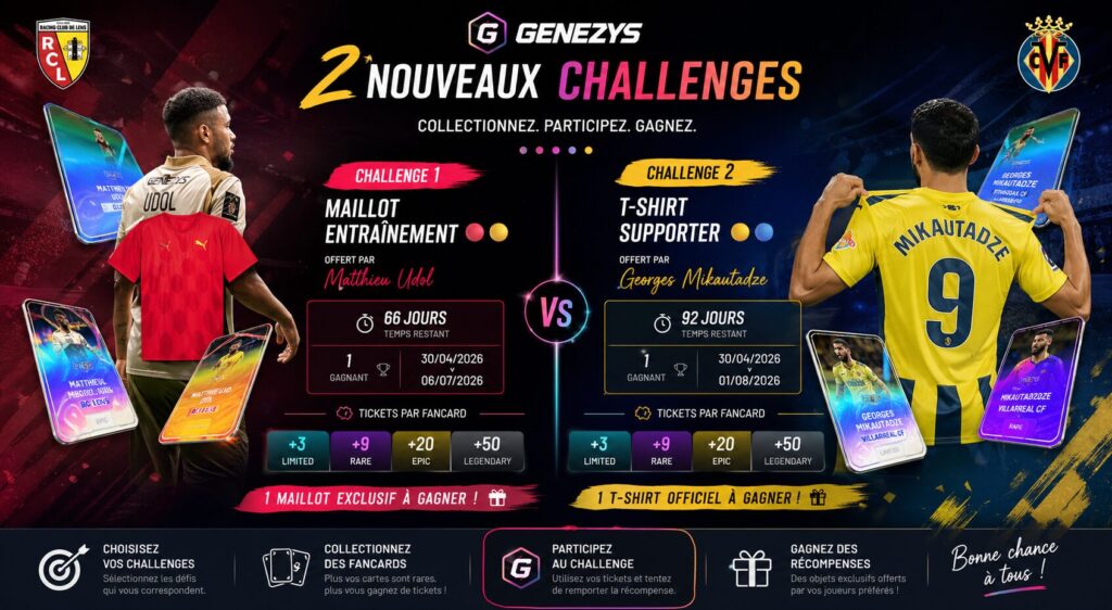 Visuel promotionnel horizontal Genezys présentant deux nouveaux challenges : à gauche un maillot d’entraînement rouge du RC Lens associé à Matthieu Udol, à droite un t-shirt supporter jaune de Villarreal associé à Georges Mikautadze, avec système de tickets et durée des concours.