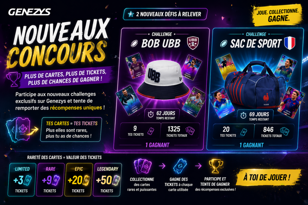 Visuel horizontal promotionnel Genezys présentant deux nouveaux concours : Bob UBB et sac de sport, avec système de tickets basé sur la rareté des cartes (Limited, Rare, Epic, Legendary) et ambiance gaming futuriste.