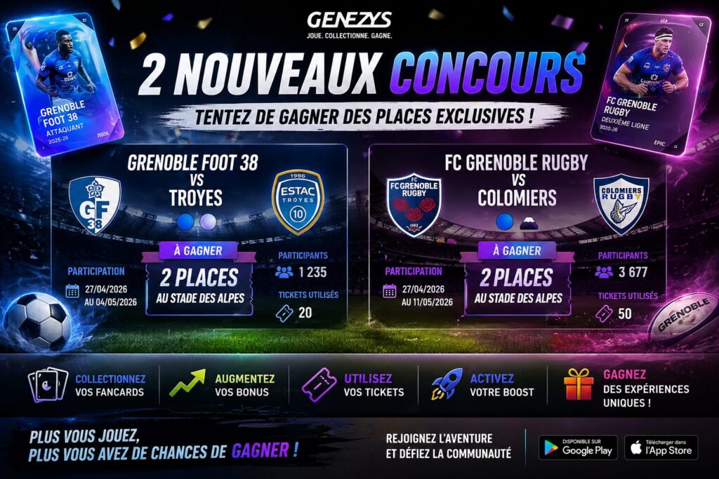 Concours Genezys avec deux matchs Grenoble Foot 38 vs Troyes et FC Grenoble Rugby vs Colomiers avec places au stade à gagner