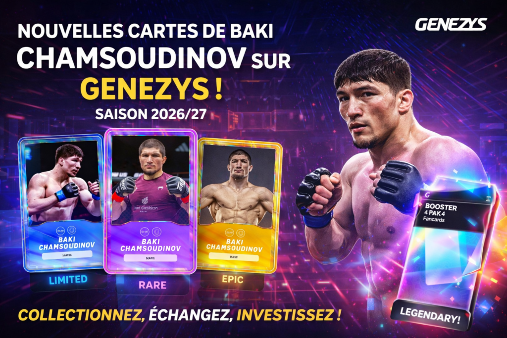 Cartes Baki Chamsoudinov sur Genezys saison 2026 2027 avec niveaux Limited Rare Epic et booster Legendary
