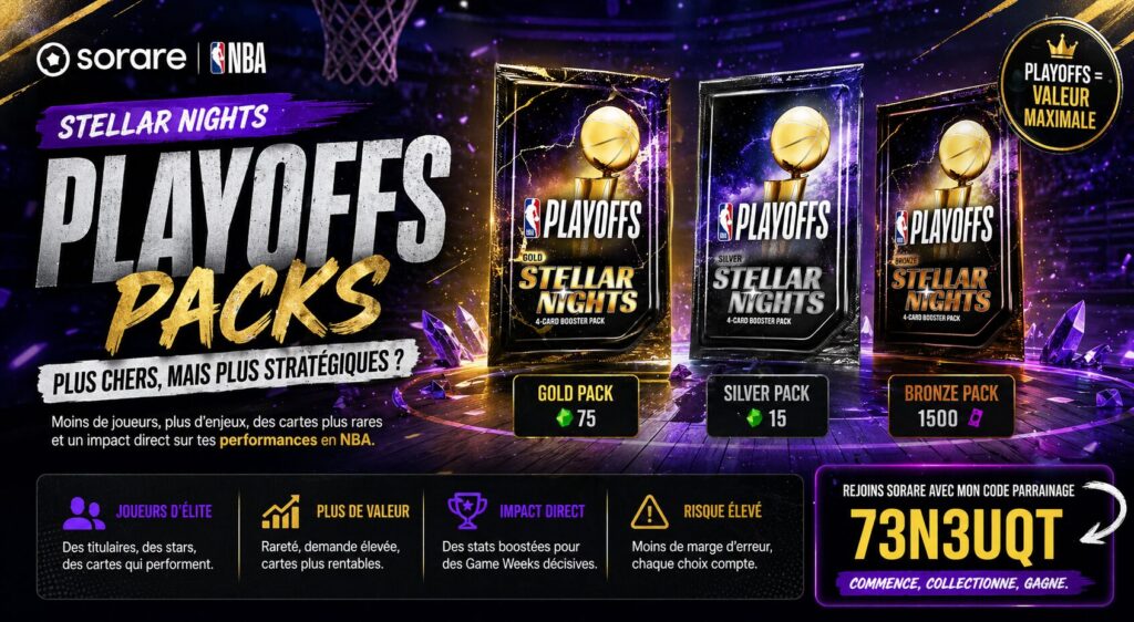 Packs Playoffs NBA Sorare Stellar Nights avec packs Gold, Silver et Bronze et comparaison des prix et rareté