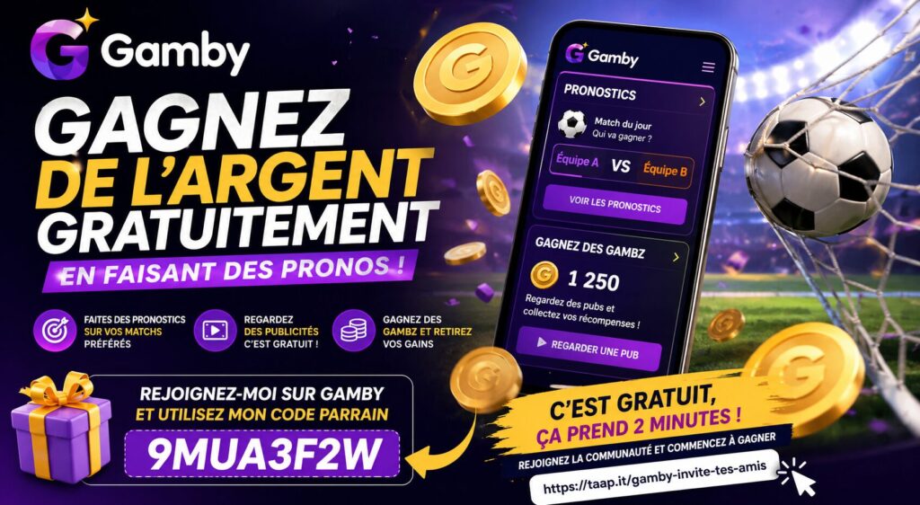 Gamby application pronostics gratuits gagner argent en ligne publicité code parrainage Gambz football smartphone gains gratuits