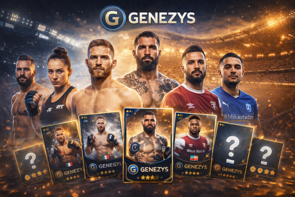Genezys avec sportifs réels MMA et football comme Benoît Saint Denis, Nora Cornolle, Baki Ares, Maxwel Cornet et Georges Mikautadze sur cartes et fond de stade