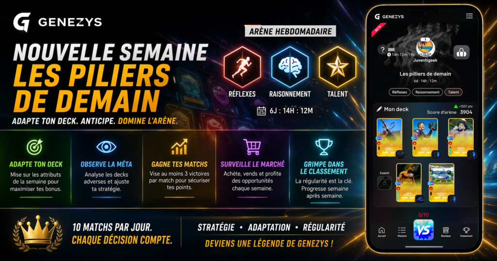 Bannière Genezys nouvelle semaine arène hebdomadaire Les piliers de demain avec attributs réflexes raisonnement talent et deck de cartes