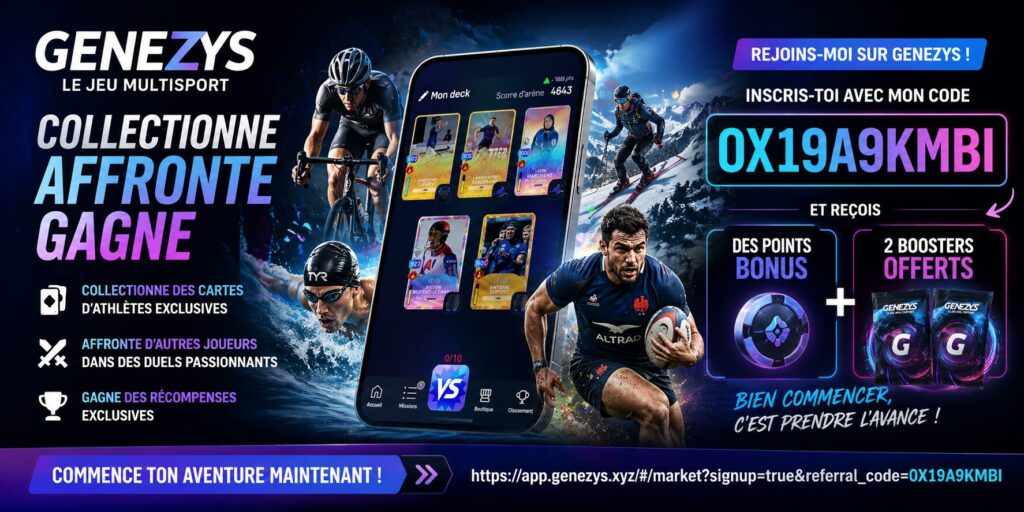 Visuel promotionnel Genezys avec code parrainage offrant bonus et boosters gratuits dans un jeu multisport de cartes d’athlètes