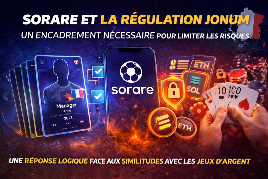 Sorare réglementation JONUM France avec crypto ETH SOL et encadrement des jeux d’argent