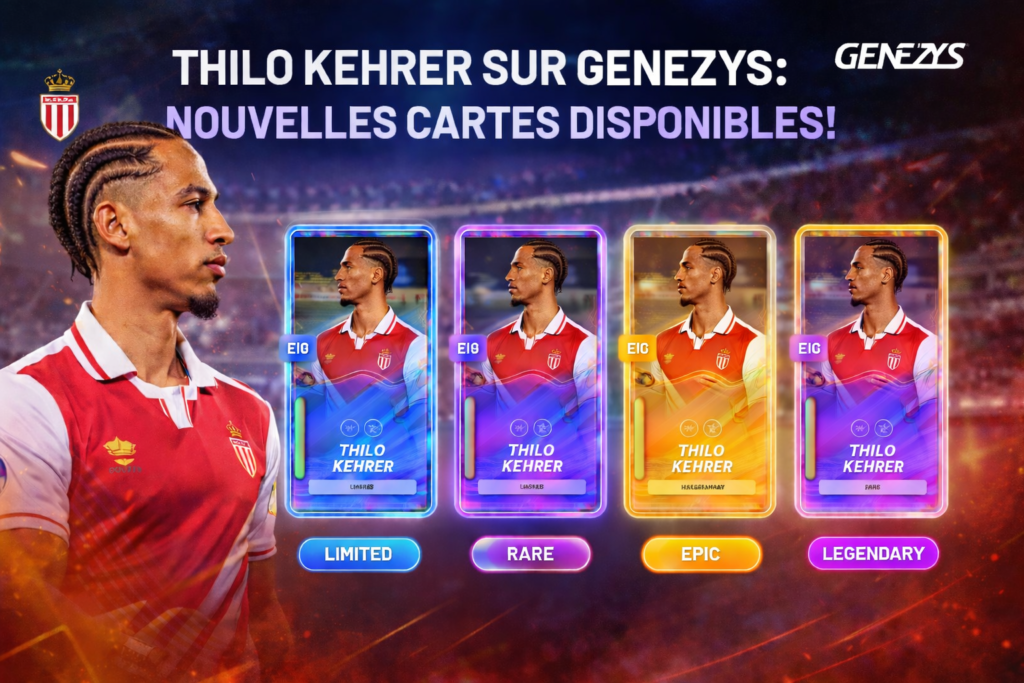 Carte Thilo Kehrer Genezys saison 2 avec les différentes raretés Limited, Rare, Epic doré et Legendary coloré sur fond stade