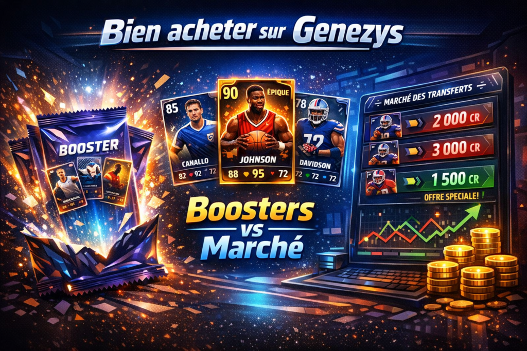 Illustration horizontale Genezys montrant booster de cartes, ouverture aléatoire et marché des transferts avec comparaison des prix entre joueurs.