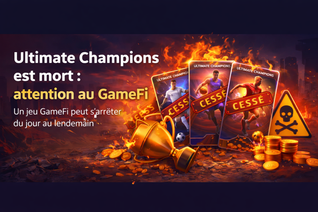 Ultimate Champions GameFi mort illustration avec cartes NFT barrées cessé et avertissement risques GameFi