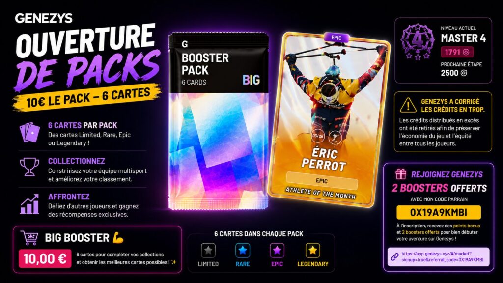 Visuel promotionnel Genezys montrant un booster Big Booster à 10 €, une carte Epic d’Éric Perrot et les récompenses du jeu multisport de cartes à collectionner.
