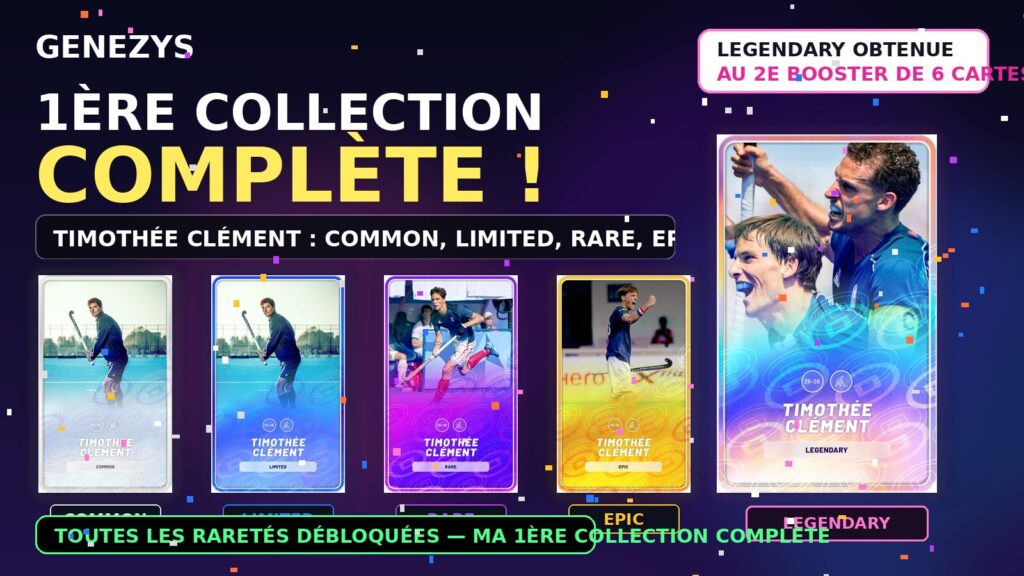Montage horizontal Genezys montrant la collection complète de Timothée Clément avec les cartes Common, Limited, Rare, Epic et Legendary obtenue après un booster de 6 cartes.
