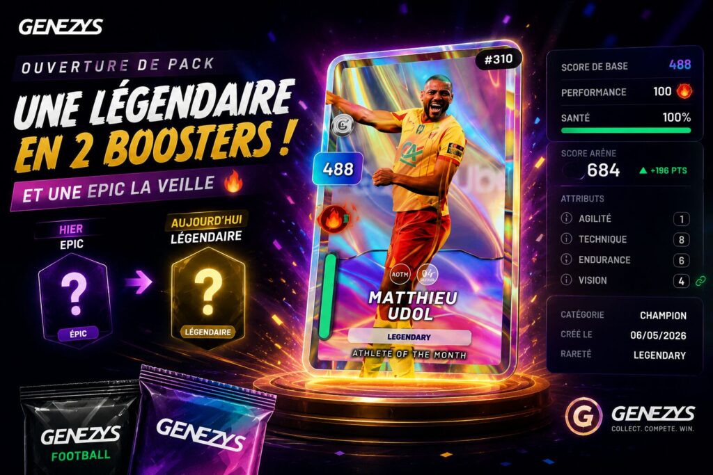 Illustration horizontale représentant une ouverture de booster sur Genezys avec une carte Legendary Matthieu Udol obtenue après seulement deux packs, dans une ambiance lumineuse inspirée des jeux de cartes numériques et fantasy sport.