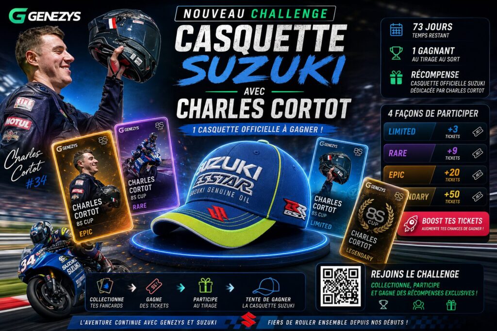 Visuel promotionnel du challenge Genezys avec le pilote moto Charles Cortot, plusieurs FanCards Limited, Rare, Epic et Legendary, ainsi qu’une véritable casquette Suzuki Ecstar à gagner.