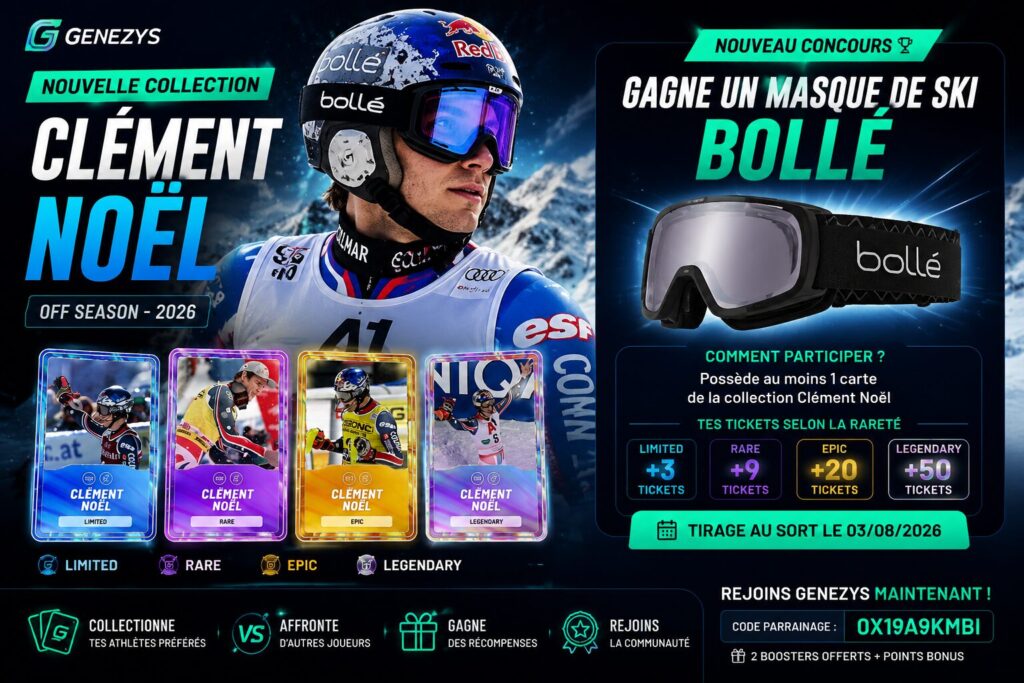Visuel Genezys annonçant la nouvelle collection Clément Noël Off Season 2026 et un concours pour gagner un masque de ski Bollé.