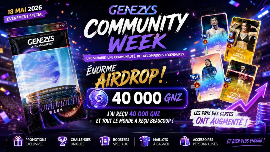 Illustration horizontale représentant la Community Week Genezys 2026 avec boosters, cartes multisport, pluie de GNZ, marketplace en hausse et ambiance futuriste autour du jeu GameFi.