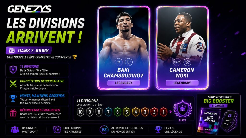 Visuel horizontal Genezys annonçant l’arrivée des divisions compétitives avec les vraies cartes Legendary de Baki Chamsoudinov et Cameron Woki ainsi que le nouveau BIG BOOSTER 6 cartes.