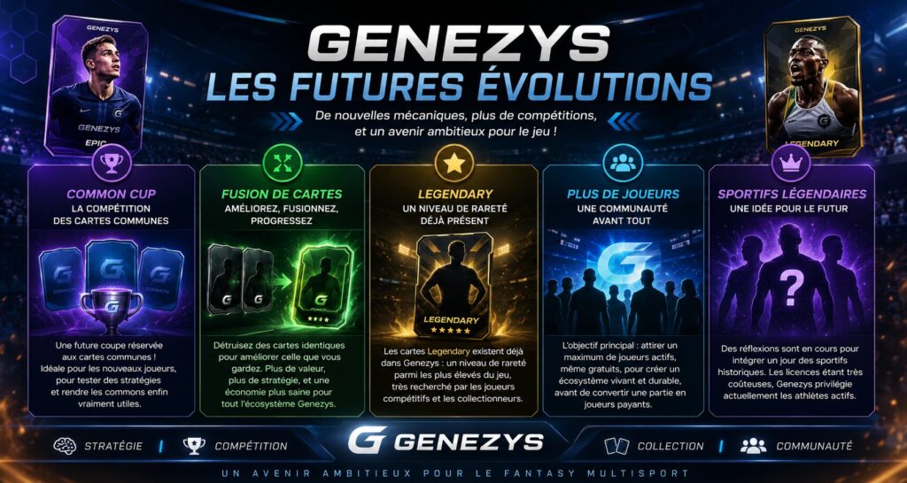 Illustration futuriste de Genezys présentant les futures évolutions du jeu avec la Common Cup, la fusion de cartes, les cartes Legendary, l’arrivée potentielle de sportifs légendaires et le développement de la communauté.