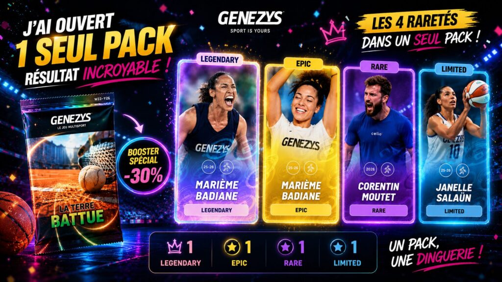 Visuel horizontal montrant une ouverture exceptionnelle de pack Genezys avec les quatre raretés obtenues dans un seul booster : une carte Legendary de Marième Badiane, une Epic jaune, une Rare violette de Corentin Moutet et une Limited de Janell Salaün. Le booster “La Terre Battue” apparaît dans une ambiance néon et spectaculaire inspirée des jeux NFT et cartes digitales sportives.