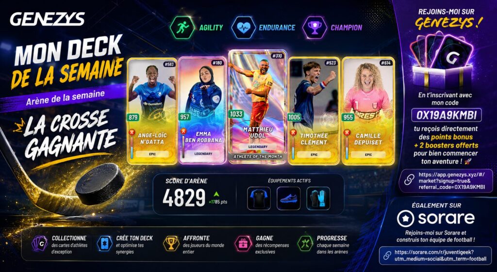 Visuel promotionnel de Genezys présentant le deck de la semaine pour l’arène “La crosse gagnante” avec plusieurs cartes Epic et Legendary, un score d’arène de 4829 points et des liens de parrainage Genezys et Sorare.