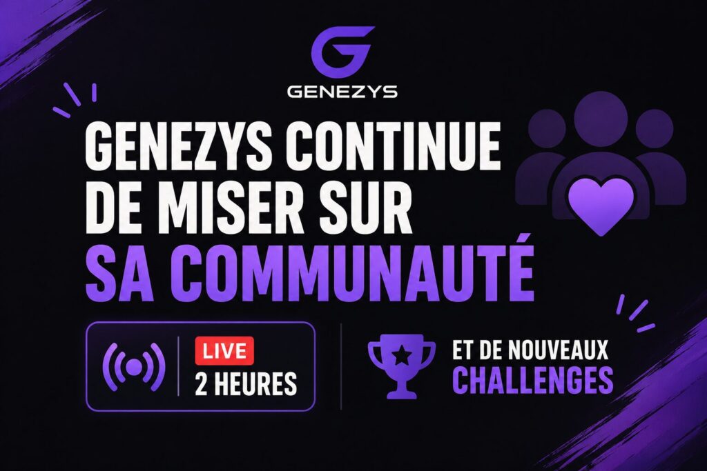 Visuel promotionnel Genezys en français avec fond noir et violet annonçant un live de 2 heures, de nouveaux challenges et une communauté active autour du jeu multisport.