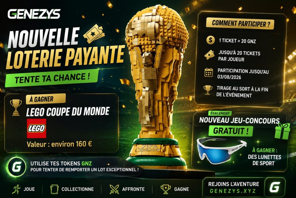 Illustration horizontale dédiée à la nouvelle loterie Genezys montrant un trophée LEGO Coupe du Monde FIFA 43020 au centre d’un stade illuminé. Le visuel présente les modalités de participation avec des tickets à 20 GNZ, une valeur estimée du lot d’environ 160 €, ainsi qu’un nouveau jeu-concours gratuit permettant de gagner des lunettes de sport.