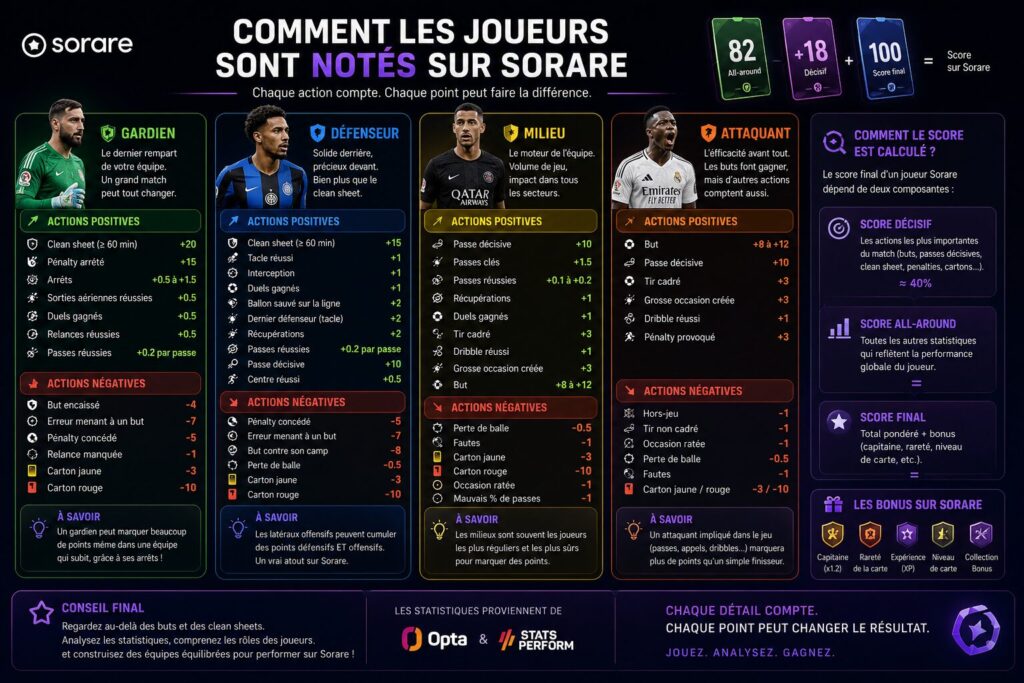 Infographie expliquant comment les joueurs sont notés sur Sorare avec les statistiques positives et négatives pour les gardiens, défenseurs, milieux et attaquants.