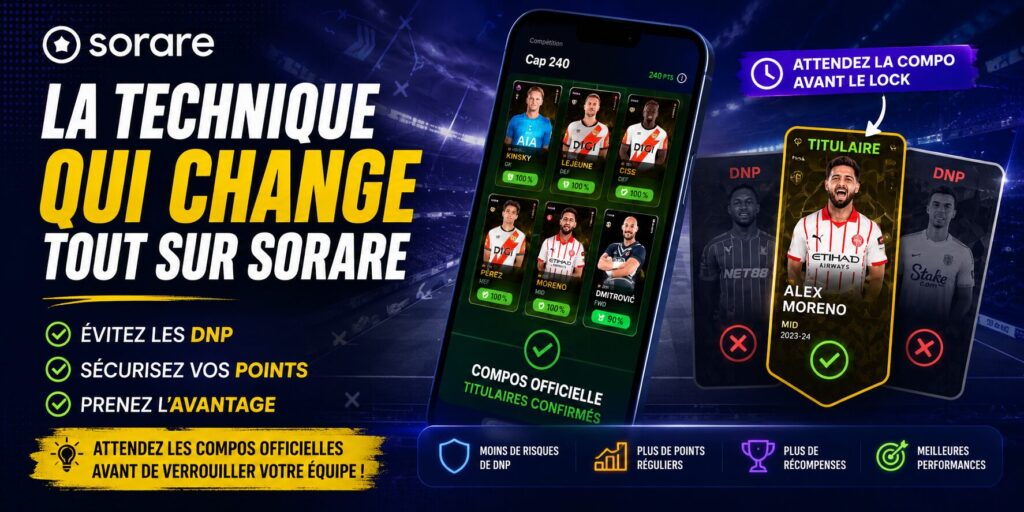 Illustration sur Sorare montrant une stratégie fantasy football consistant à attendre les compositions officielles avant de verrouiller son équipe afin d’éviter les DNP et maximiser ses points.