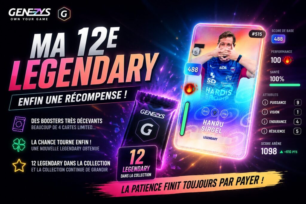 12e carte Legendary obtenue sur Genezys après plusieurs boosters décevants. Visuel montrant la carte légendaire Hanru Sirgel, joueur de rugby, avec statistiques, booster Genezys et message célébrant une nouvelle Legendary dans la collection.