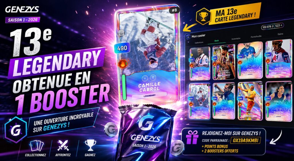 Carte Legendary Camille Cabrol obtenue dans un booster Genezys, avec mise en avant de la 13e carte légendaire de la collection et aperçu du casier du joueur.