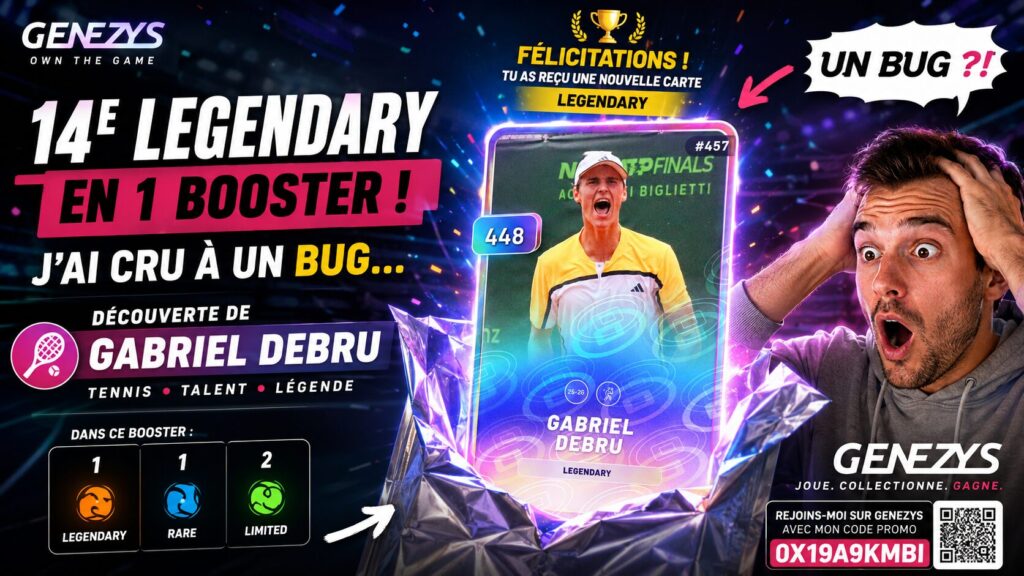 Visuel Genezys montrant une carte Legendary Gabriel Debru obtenue en un seul booster, avec un effet de surprise autour d’un possible bug.