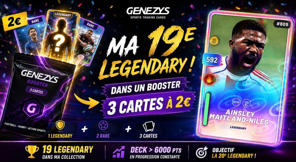 Illustration promotionnelle Genezys montrant une collection de 19 cartes Legendary, un booster de 3 cartes à 2 euros et la nouvelle carte Legendary Ainsley Maitland-Niles obtenue lors d'une ouverture exceptionnelle.