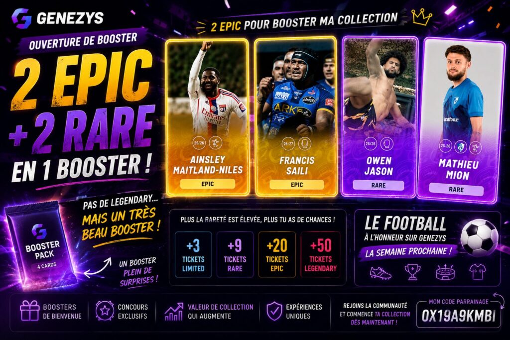 Visuel promotionnel Genezys présentant une ouverture de booster contenant deux cartes Epic et deux cartes Rare, avec Ainsley Maitland-Niles, Francis Saili, Owen Jason et Mathieu Mion.
