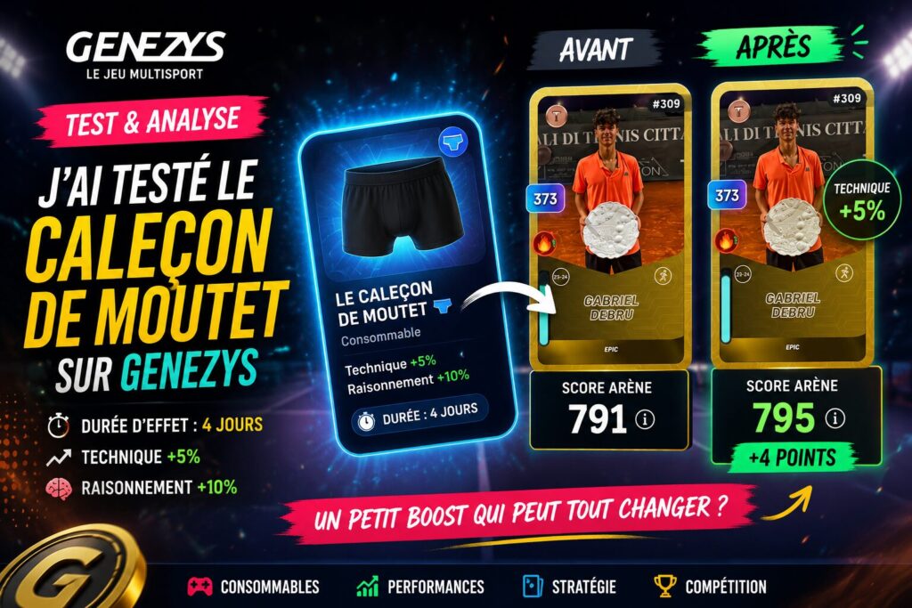 Test du Caleçon de Moutet sur Genezys montrant les bonus Technique +5 %, Raisonnement +10 % et l'augmentation du score d'arène de Gabriel Debru.