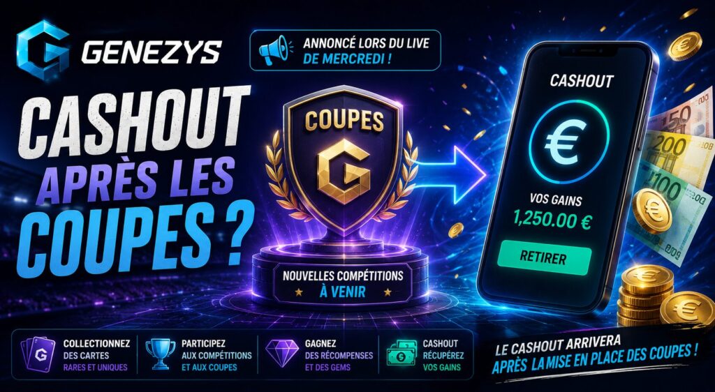 Cashout Genezys après les Coupes : visuel montrant le logo Genezys, un trophée des Coupes, une flèche vers un smartphone affichant un retrait d'argent, illustrant l'arrivée potentielle du cashout annoncée lors d'un live officiel.
