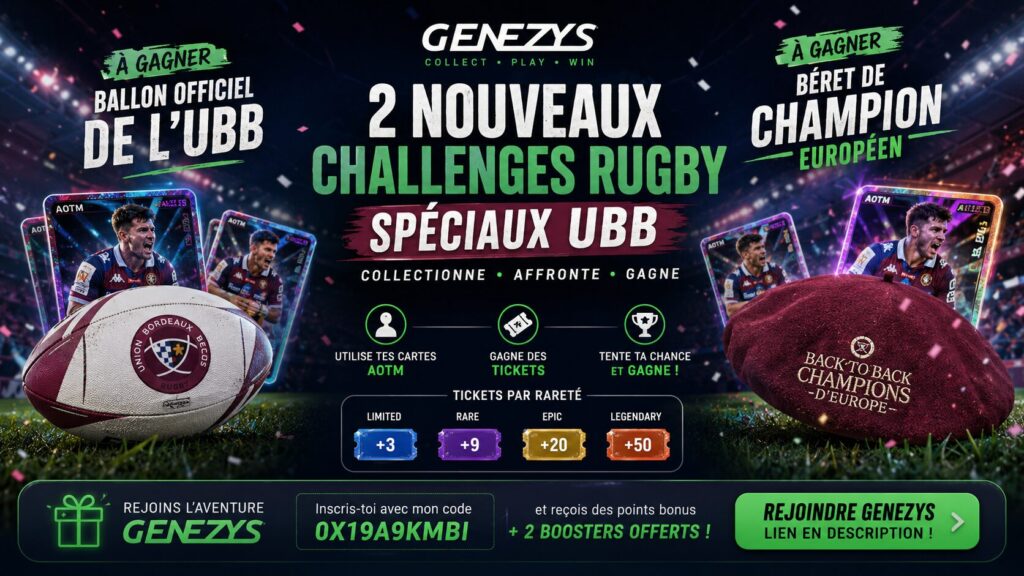 Visuel promotionnel Genezys présentant deux nouveaux challenges rugby UBB avec un ballon officiel de l'Union Bordeaux Bègles et un béret de champion européen à gagner grâce aux cartes AOTM.