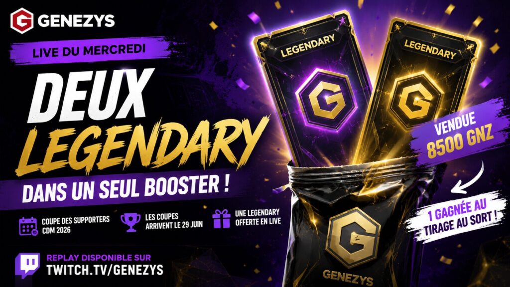 Visuel promotionnel du live Genezys avec deux cartes Legendary sortant d’un booster, annonce d’une vente à 8 500 GNZ, d’une Legendary offerte lors d’un tirage au sort et des nouveautés liées à la Coupe du Monde 2026.