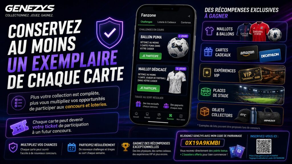 Visuel promotionnel Genezys expliquant l'intérêt de conserver au moins un exemplaire de chaque carte pour participer aux concours, loteries et gagner des récompenses physiques.