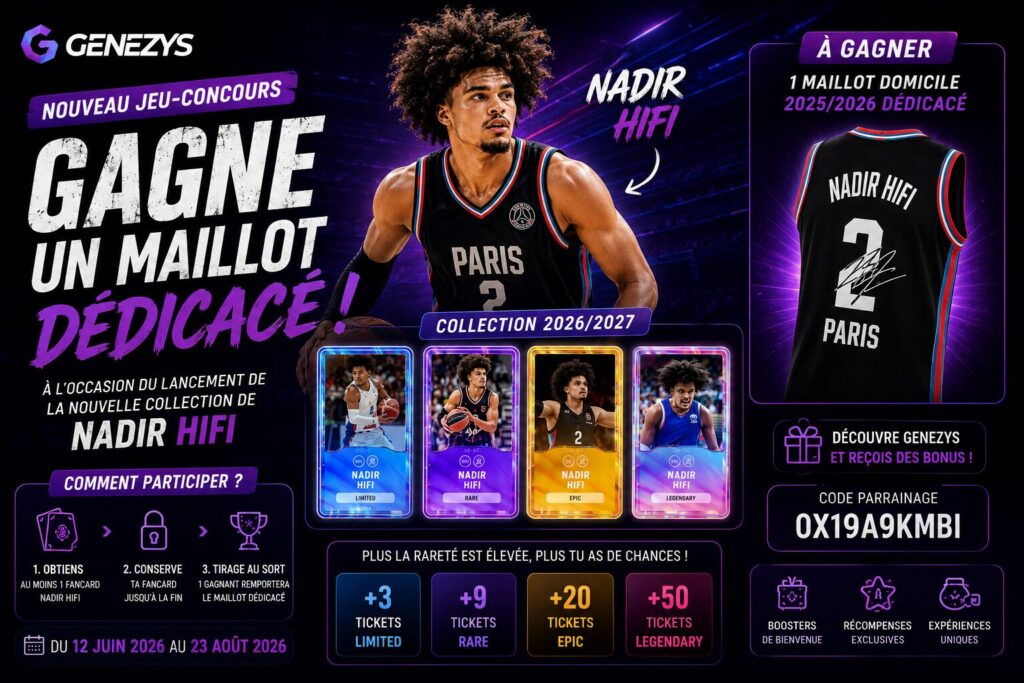 Affiche promotionnelle Genezys mettant en scène Nadir Hifi et sa nouvelle collection de FanCards 2026/2027 avec un maillot domicile dédicacé à gagner lors d'un jeu-concours.